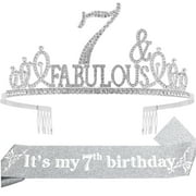 7th Birthday Sash and Tiara for Girls - Fabulous Glitter Sash + Fabulous Rhinestone Silver Premium Metal Tiara for Girls, 7th Birthday Gifts for Princess Party